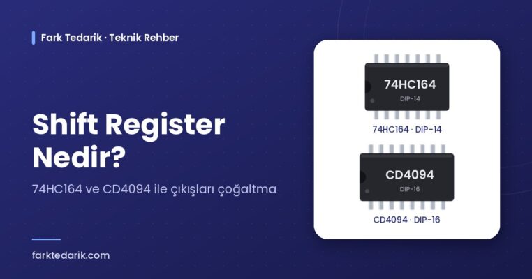 Shift register nedir – 74HC164 DIP-14 ve CD4094 DIP-16 entegre çizimleri, Fark Tedarik teknik rehber kapağı